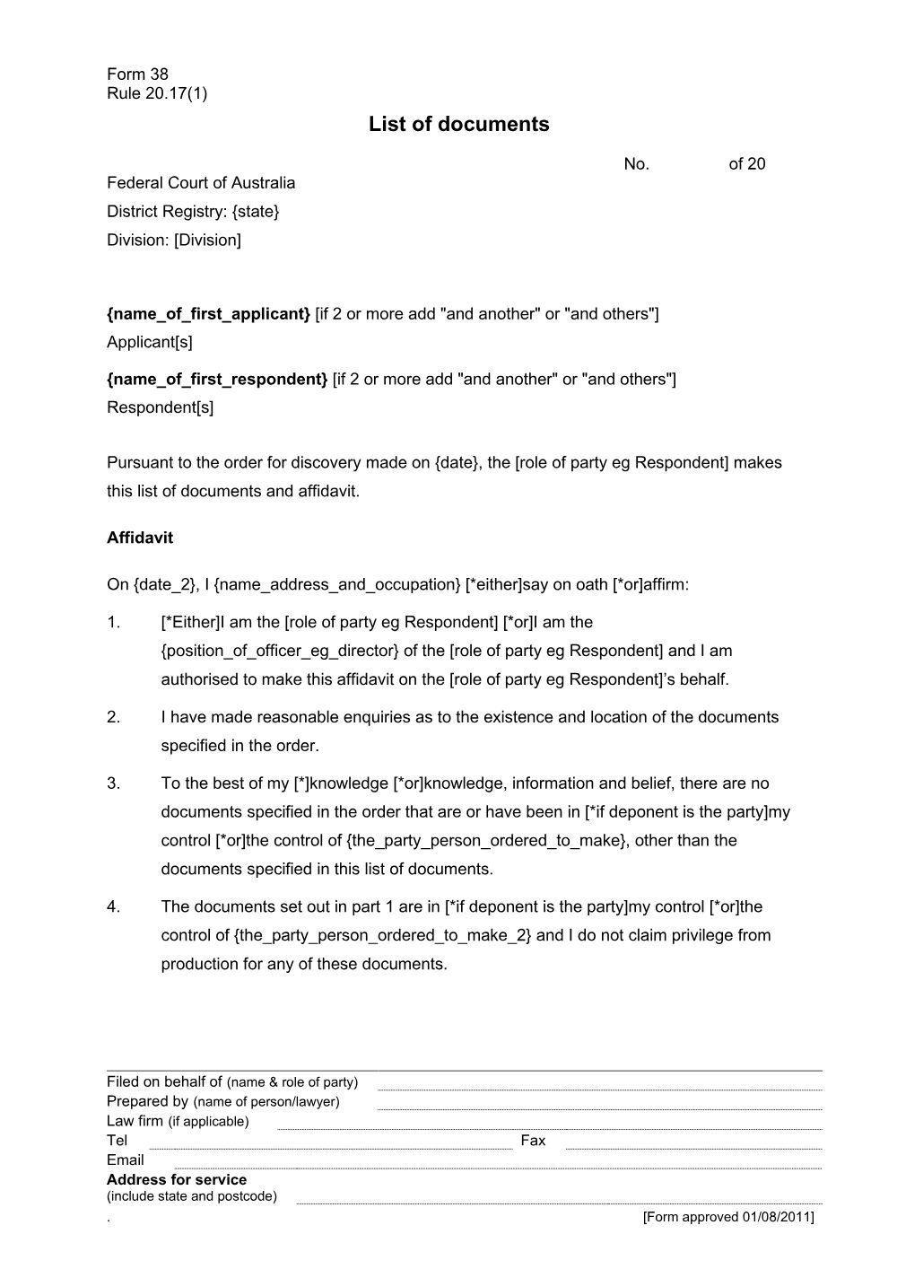 Preview of the first page of List of documents (Form 38)