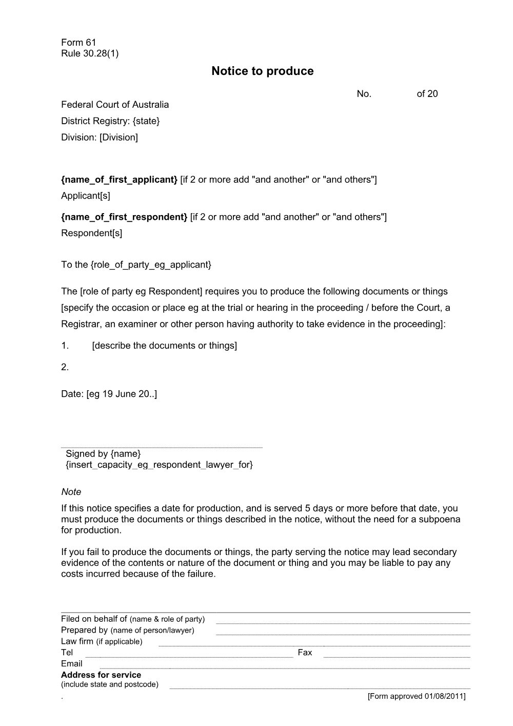 Preview of the first page of Notice to produce (Form 61)