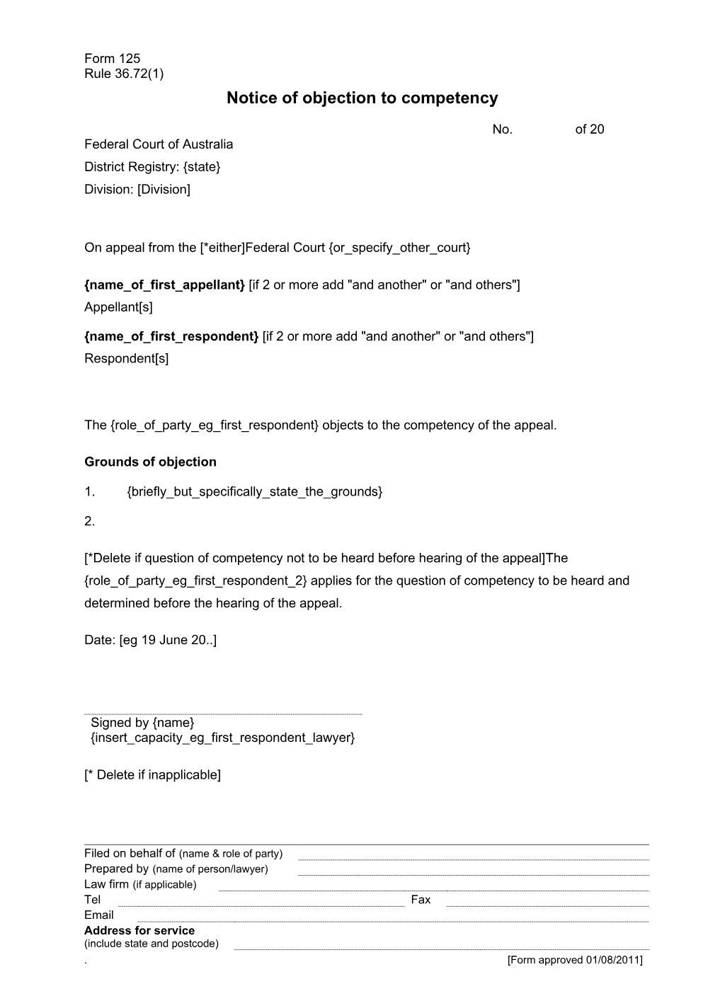 Preview of the first page of Notice of objection to competency (Rule 36.72(1)) (Form 125)