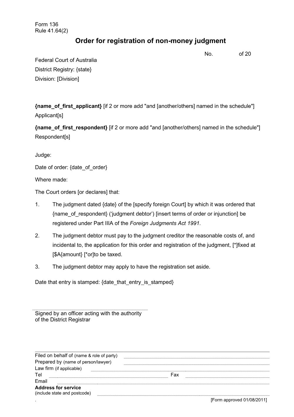 Preview of the first page of Order for registration of non-money judgment (Rule 41.64(2)) (Form 136)