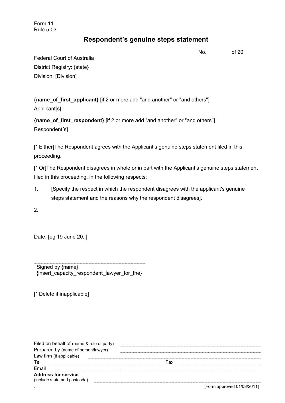 Preview of the first page of Respondent's genuine steps statement (Form 11)