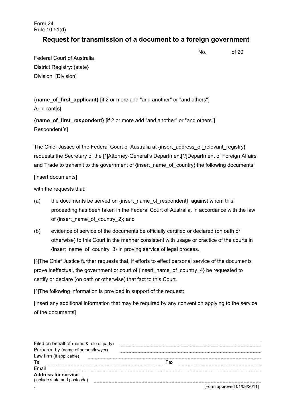 Preview of the first page of Request for transmission of a document to a foreign government (Rule 10.51(d)) (Form 24)
