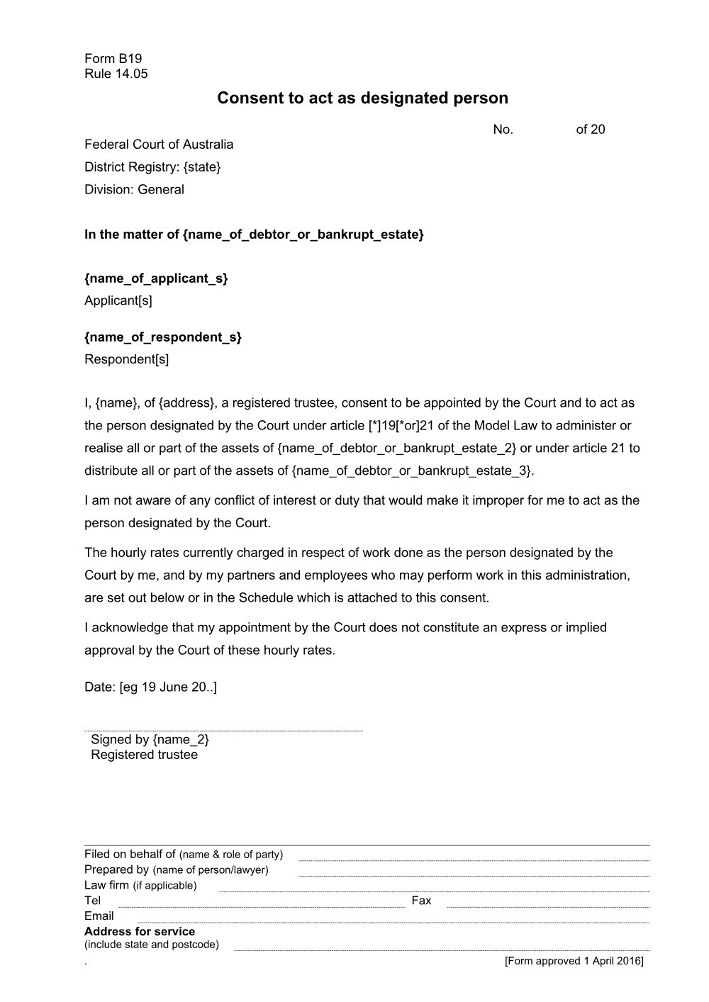 Preview of the first page of Consent to act as designated person (Form B19)