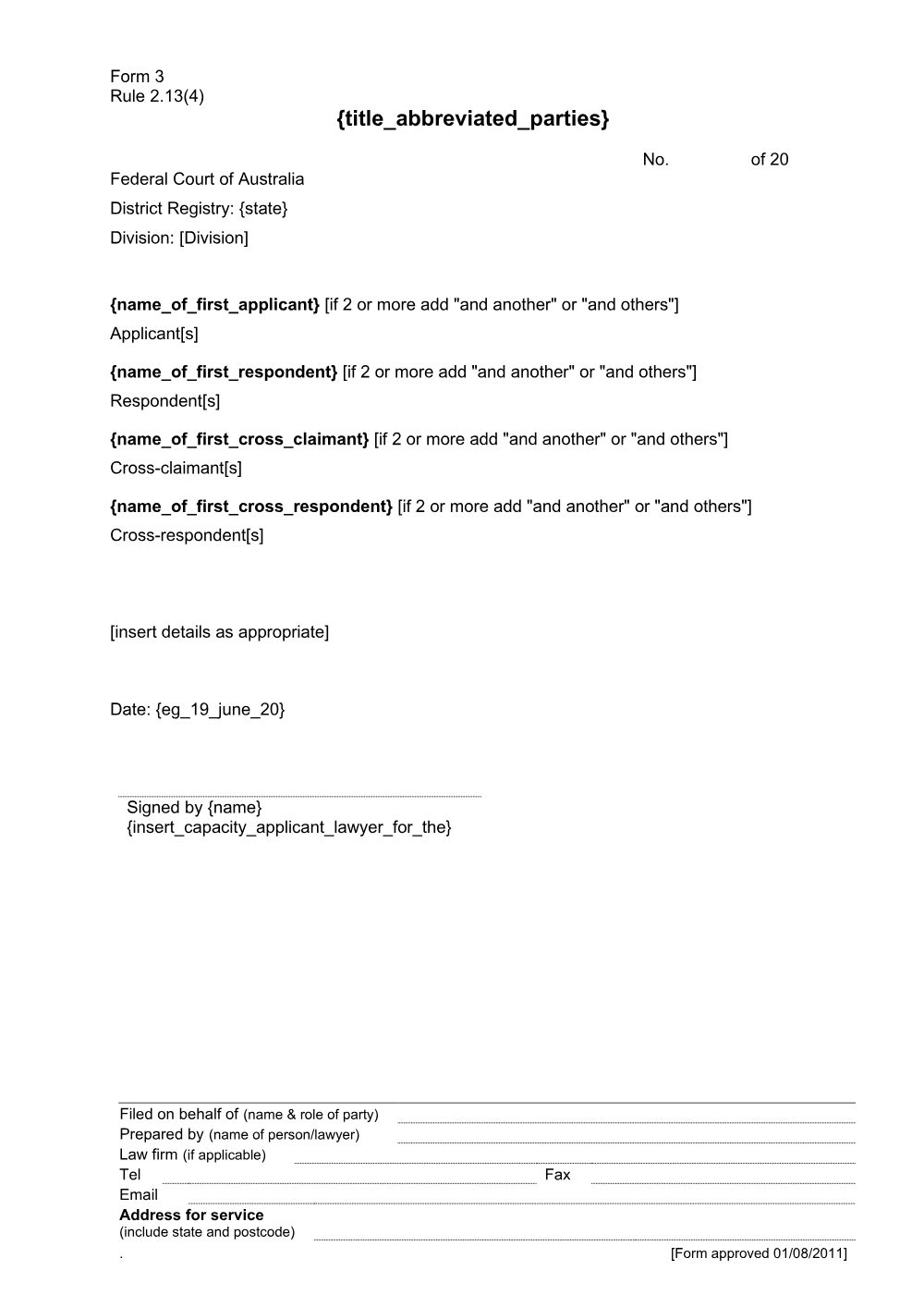 Preview of the first page of Title - abbreviated parties (Rule 2.13 (4)) (Form 3)