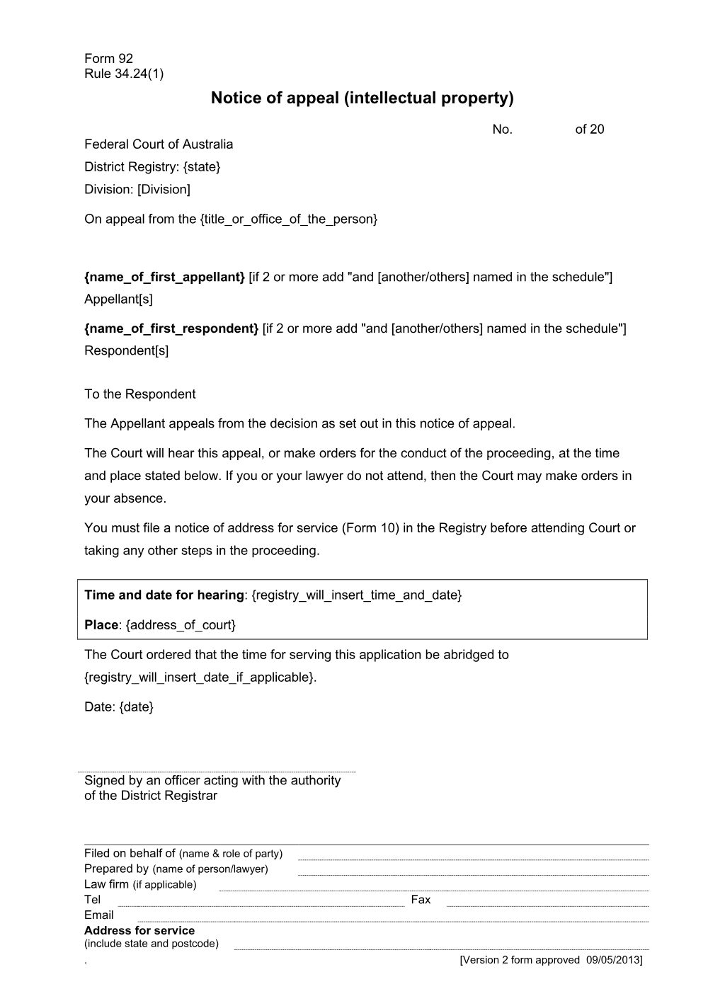 Preview of the first page of Notice of appeal (intellectual property) (Form 92)