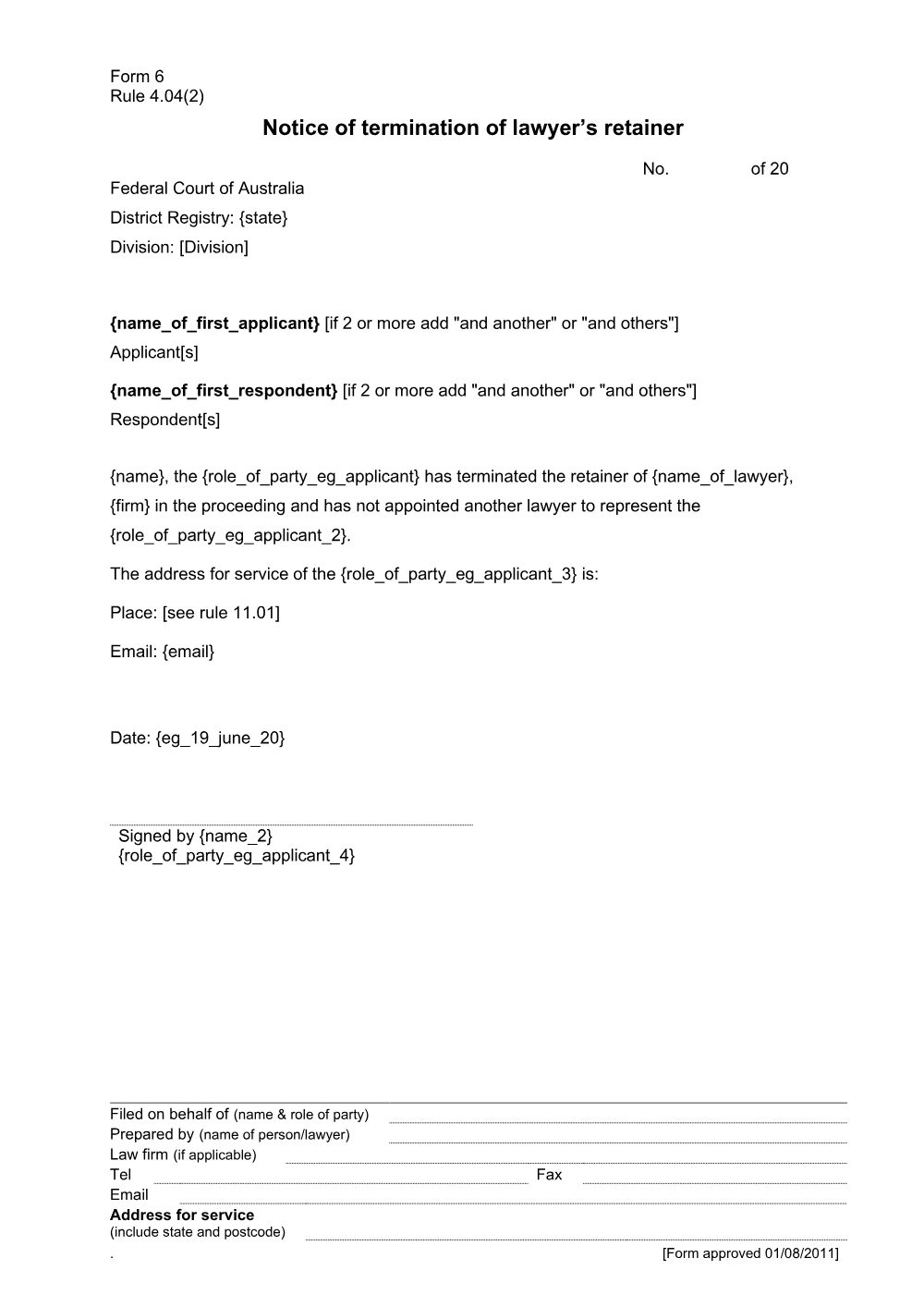 Preview of the first page of Notice of termination of lawyer's retainer (Form 6)