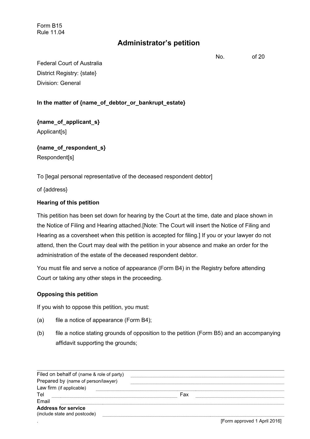 Preview of the first page of Administrator's petition (Form B15)