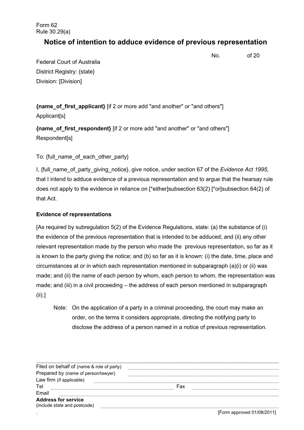 Preview of the first page of Notice of intention to adduce evidence of previous representation (Form 62)