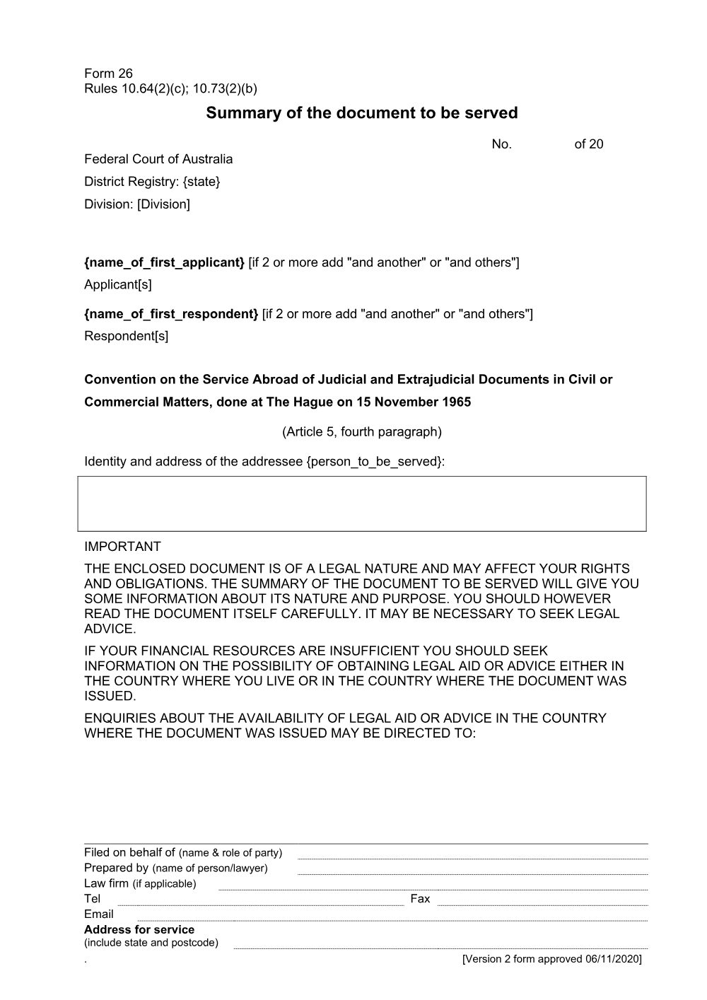 Preview of the first page of Summary of the document to be served (Rules 10.64(2)(c); 10.73(2)(b)) (Form 26)