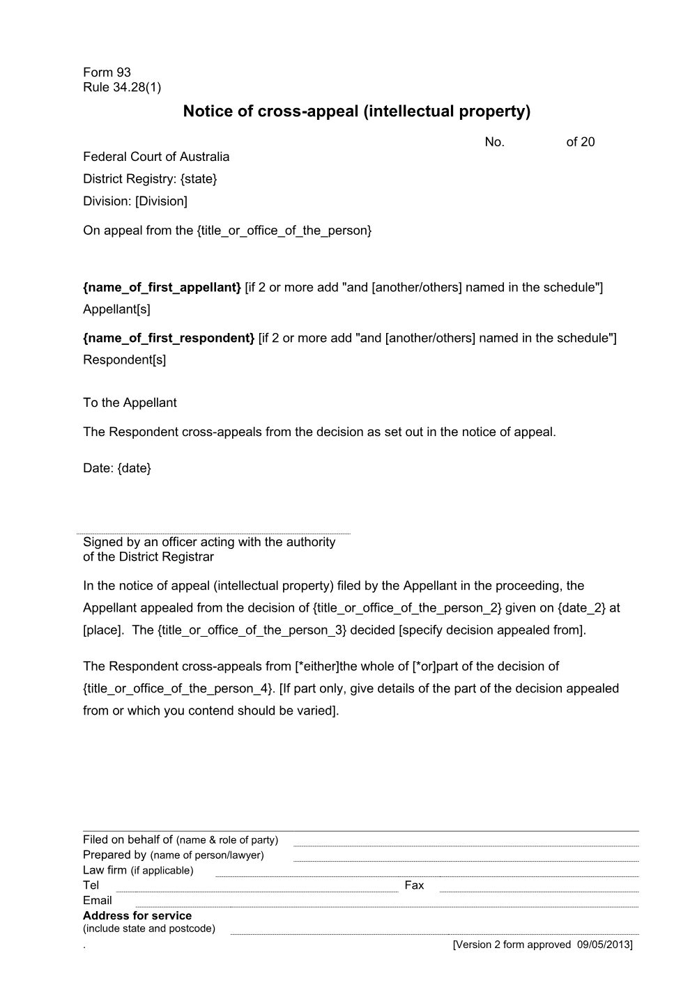 Preview of the first page of Notice of cross-appeal (intellectual property) (Form 93)