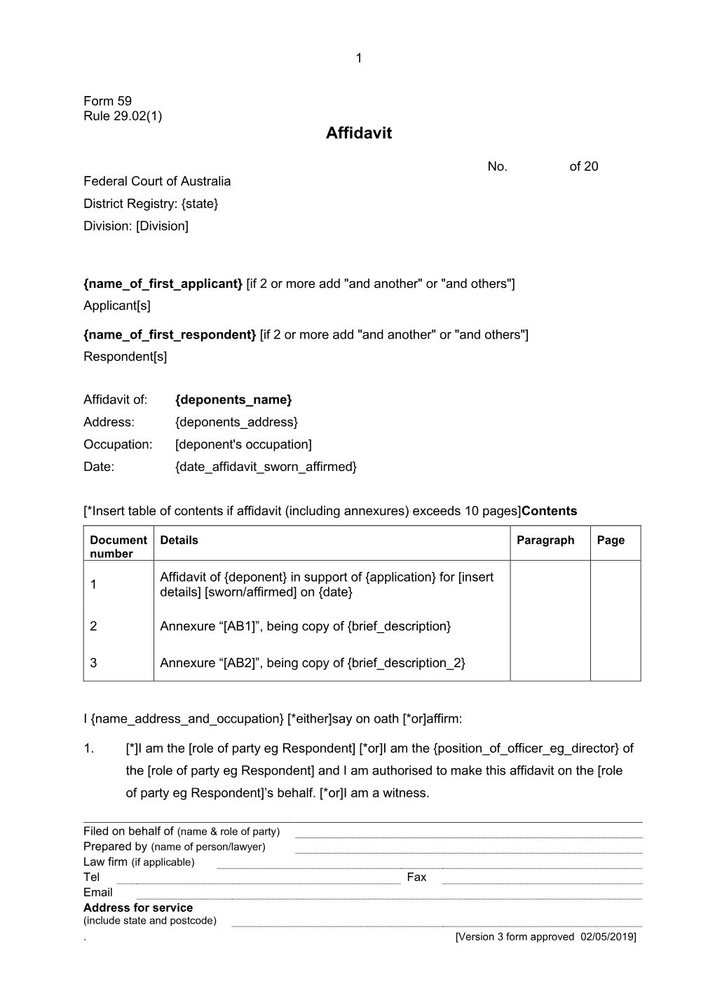 Preview of the first page of Affidavit (Form 59)