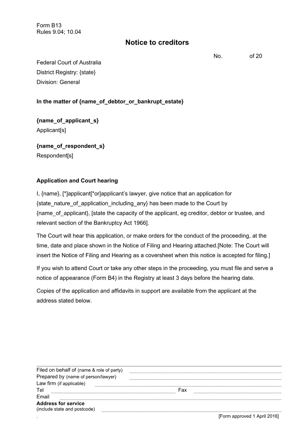 Preview of the first page of Notice to creditors (Form B13)