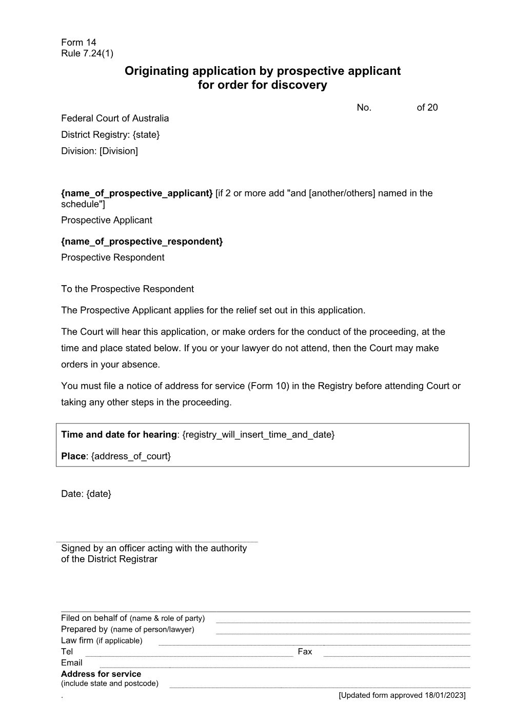 Preview of the first page of Originating application by prospective applicant for order for discovery (Rule 7.24(1)) (Form 14)