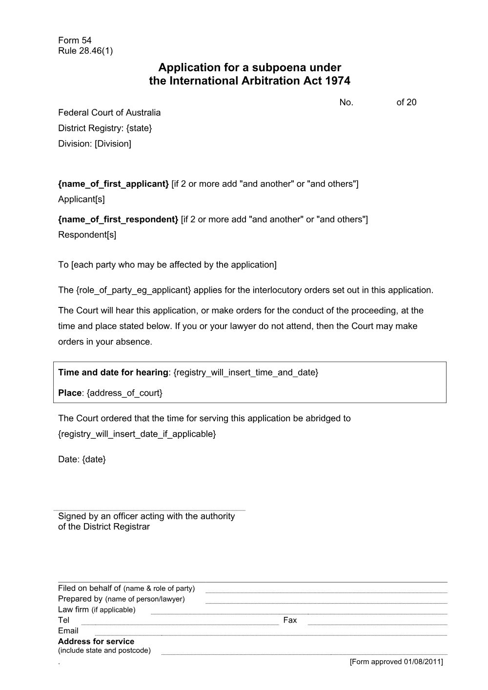 Preview of the first page of Application for a subpoena under the International Arbitration Act 1974 (Form 54)