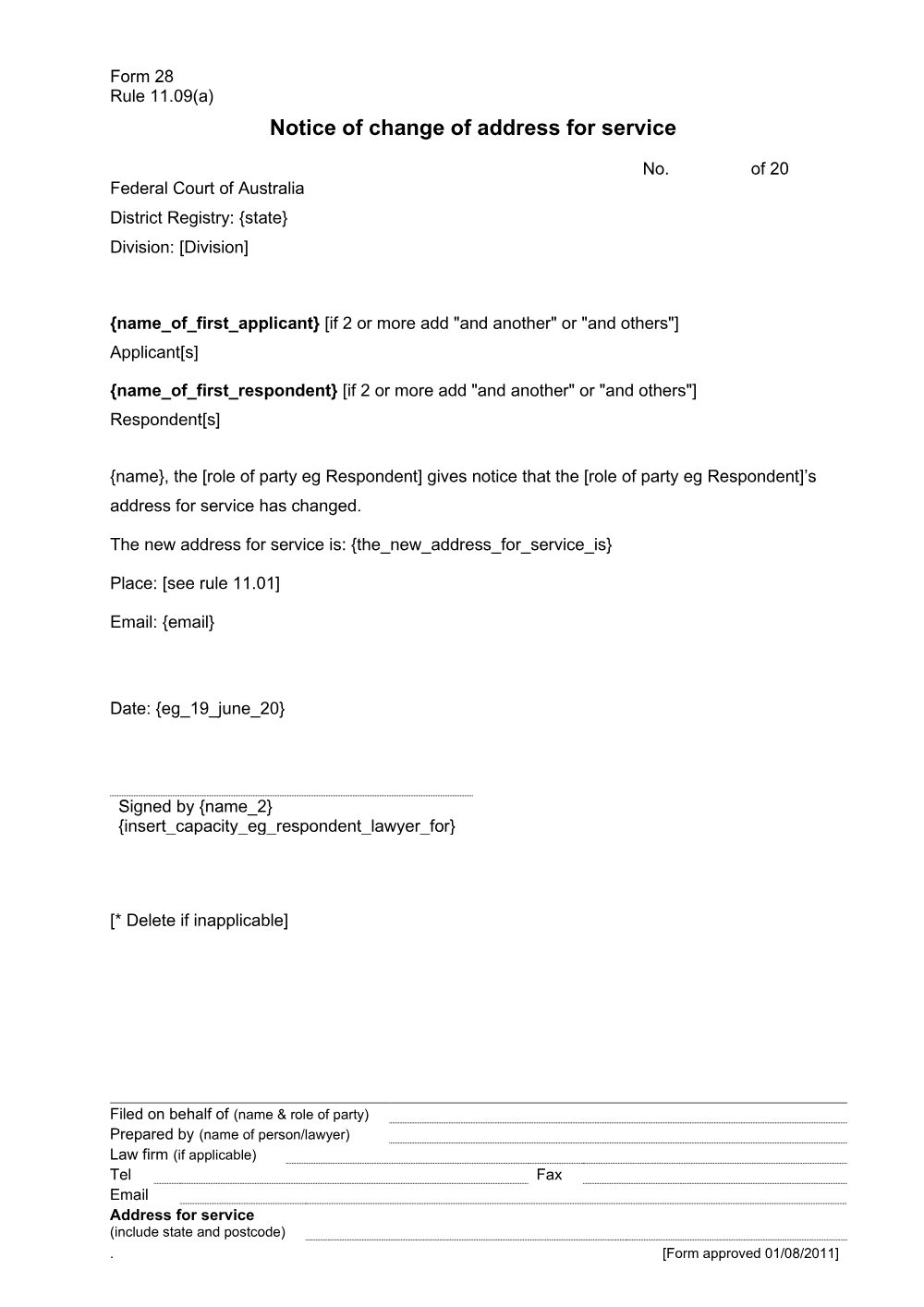 Preview of the first page of Notice of change of address for service (Rule 11.09(a)) (Form 28)