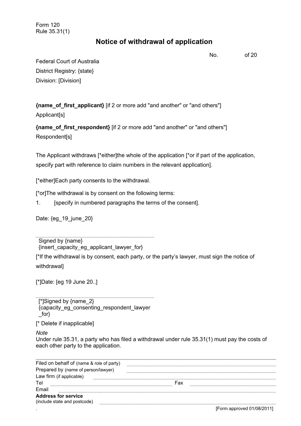 Preview of the first page of Notice of withdrawal of application (Rule 35.31(1)) (Form 120)