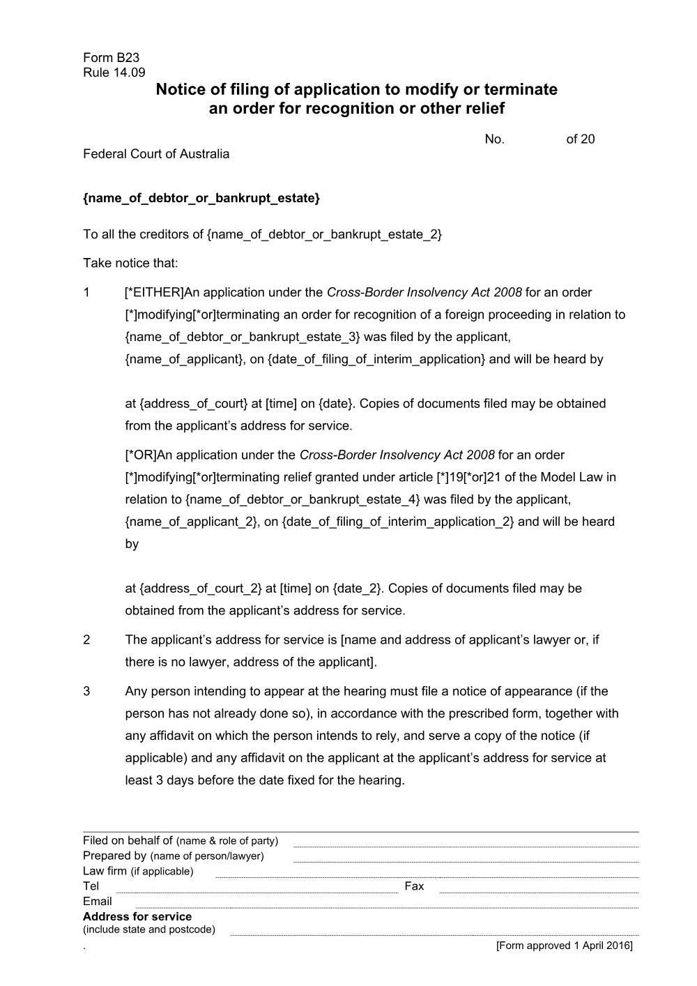 Preview of the first page of Notice of filing of application to modify or terminate an order for recognition or other relief (Form B23)