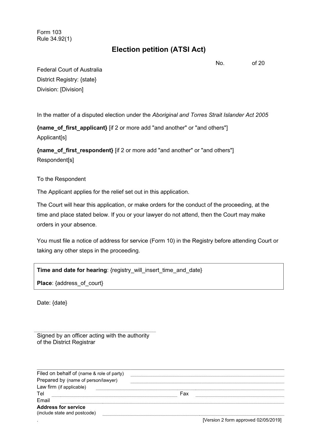 Preview of the first page of Election petition (ATSI Act) (Rule 34.92(1)) (Form 103)