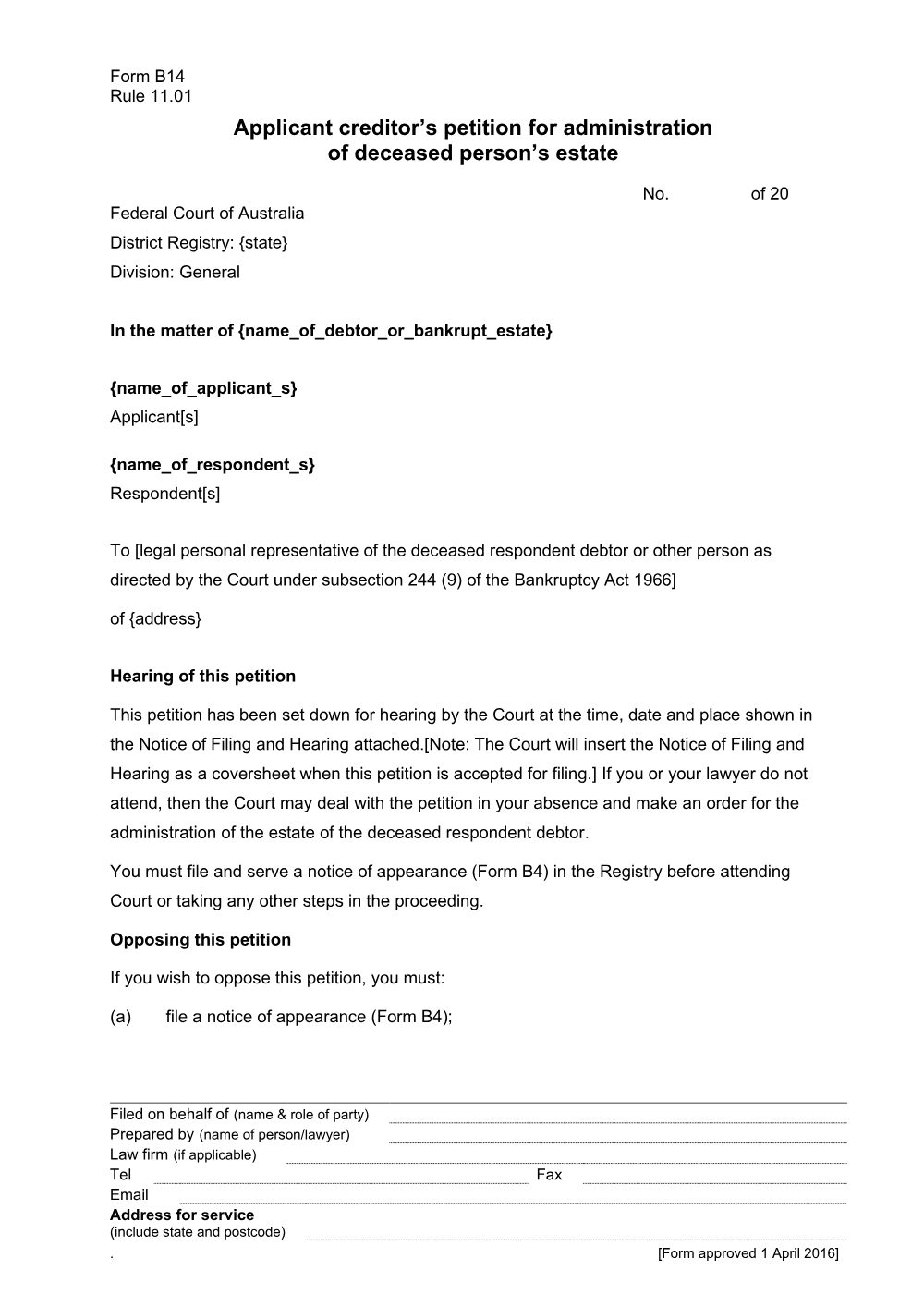 Preview of the first page of Applicant creditor's petition for administration of deceased person's estate (Form B14)