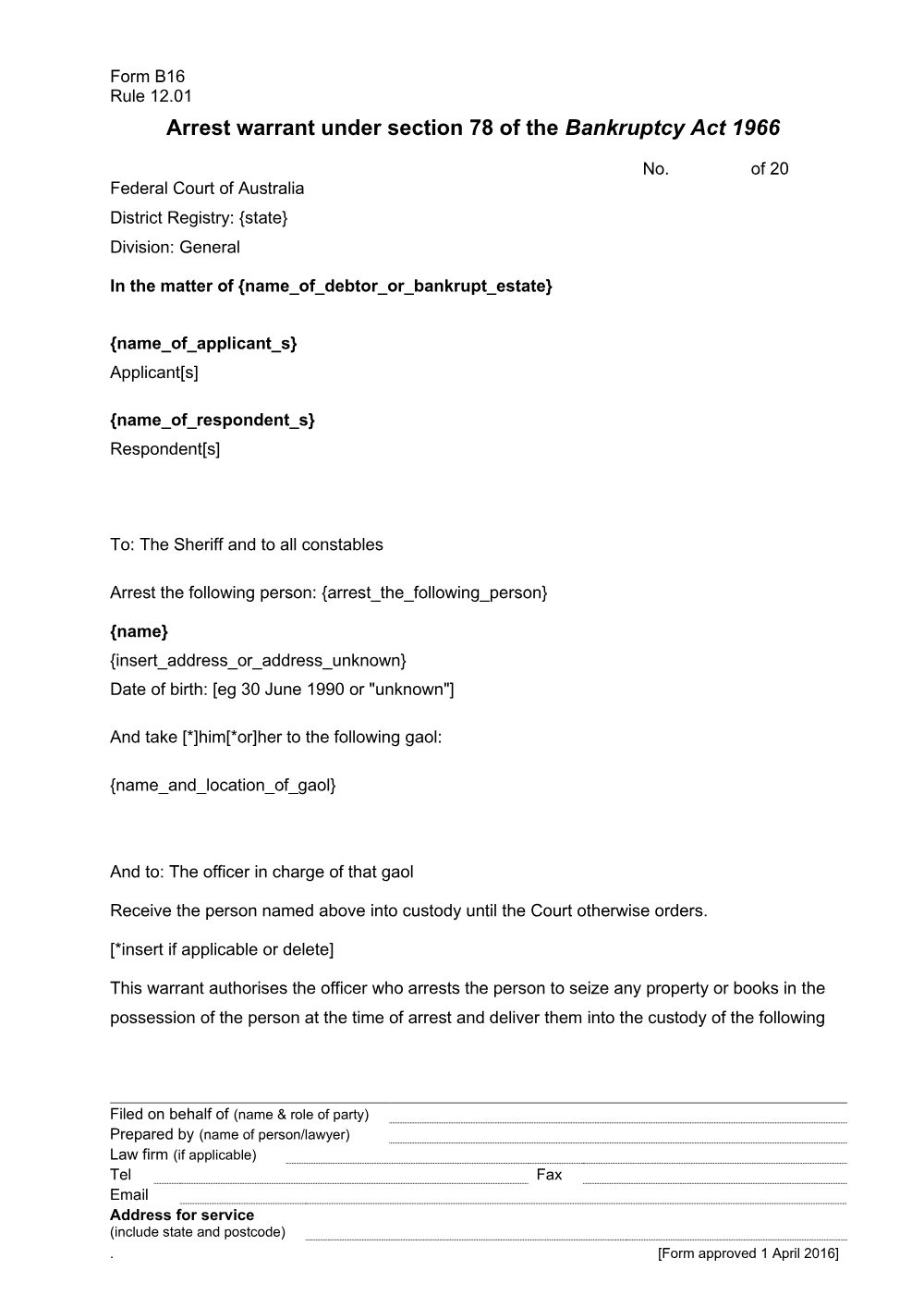 Preview of the first page of Arrest warrant under section 78 of the Bankruptcy Act 1966 (Form B16)