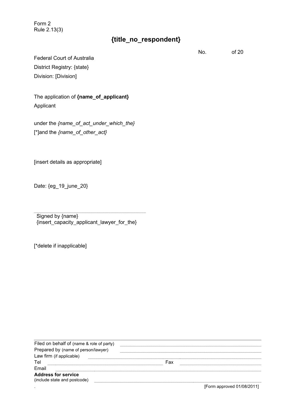 Preview of the first page of Title - no respondent (Rule 2.13 (3)) (Form 2)