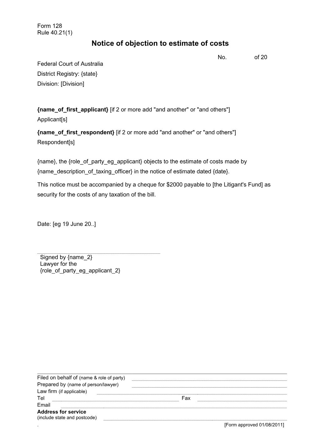 Preview of the first page of Notice of objection to estimate of costs (Rule 40.21(1)) (Form 128)