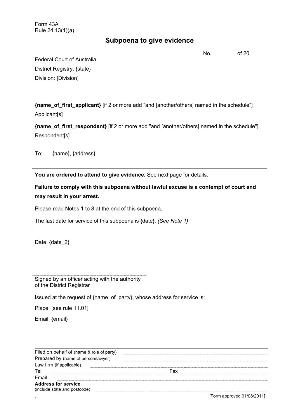 Preview of the first page of Subpoena to give evidence (Form 43A)