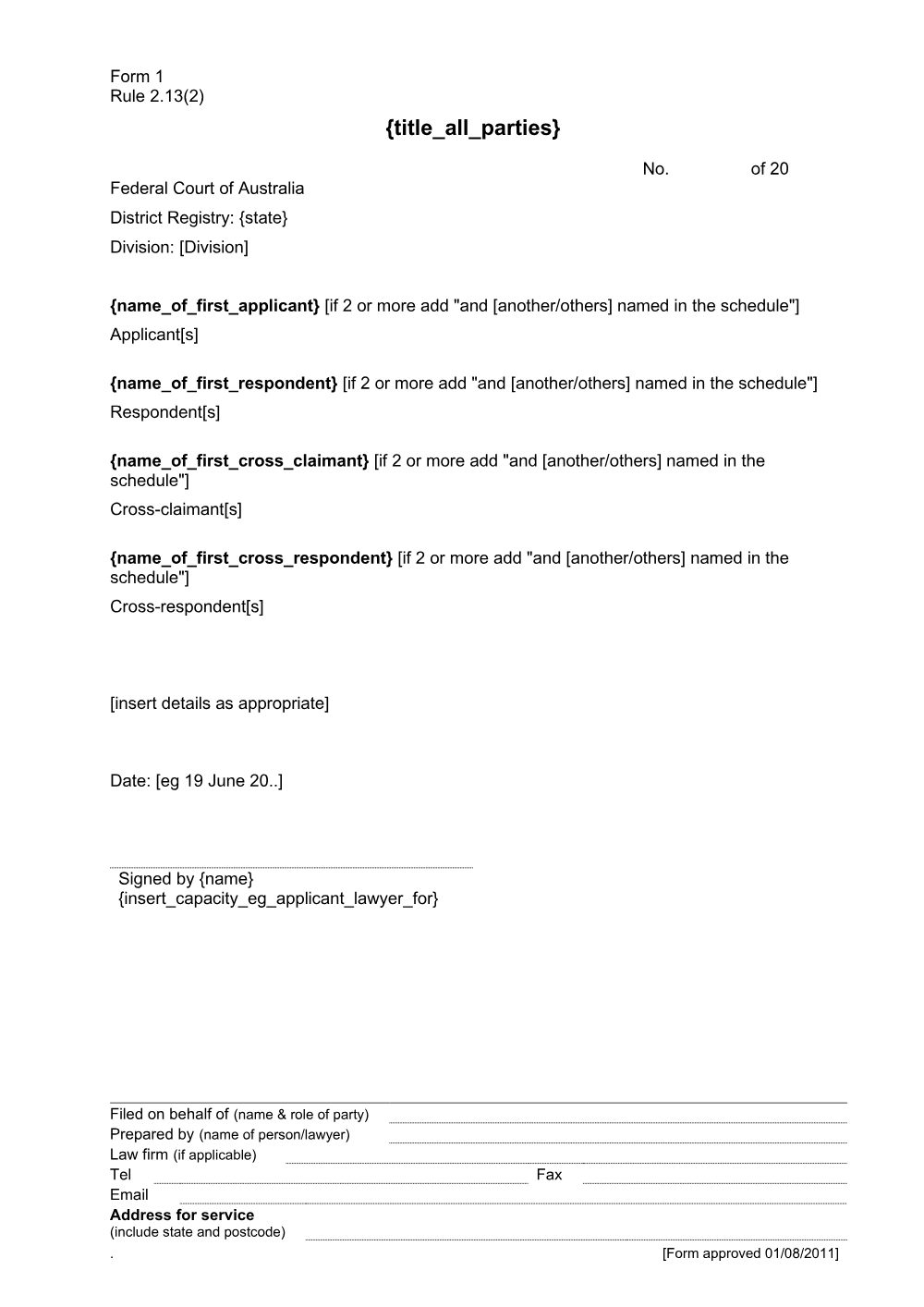 Preview of the first page of Title - all parties (Rule 2.13(2)) (Form 1)
