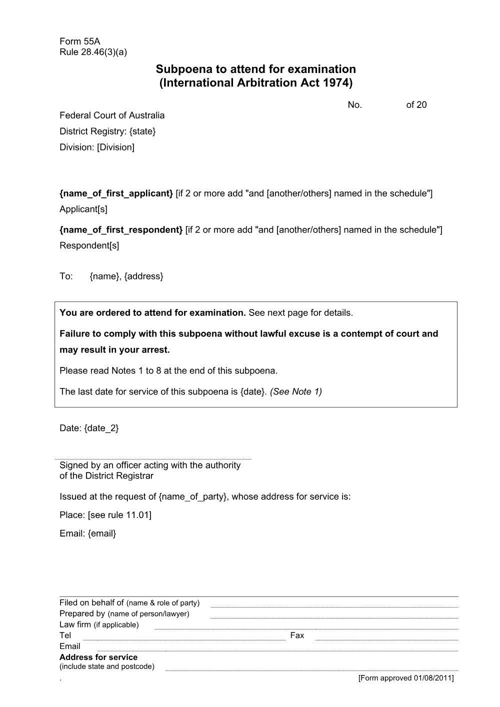 Preview of the first page of Subpoena to attend for examination (International Arbitration Act 1974) (Form 55A)