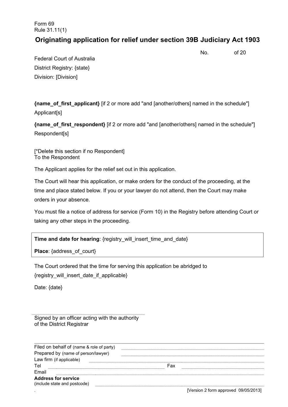 Preview of the first page of Originating application for relief under section 39B Judiciary Act 1903 (Form 69)