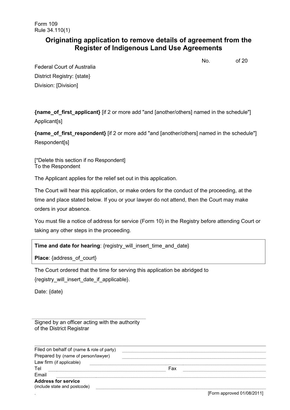 Preview of the first page of Originating application to remove details of agreement from the Register of Indigenous Land Use Agreements (Rule 34.110(1)) (Form 109)