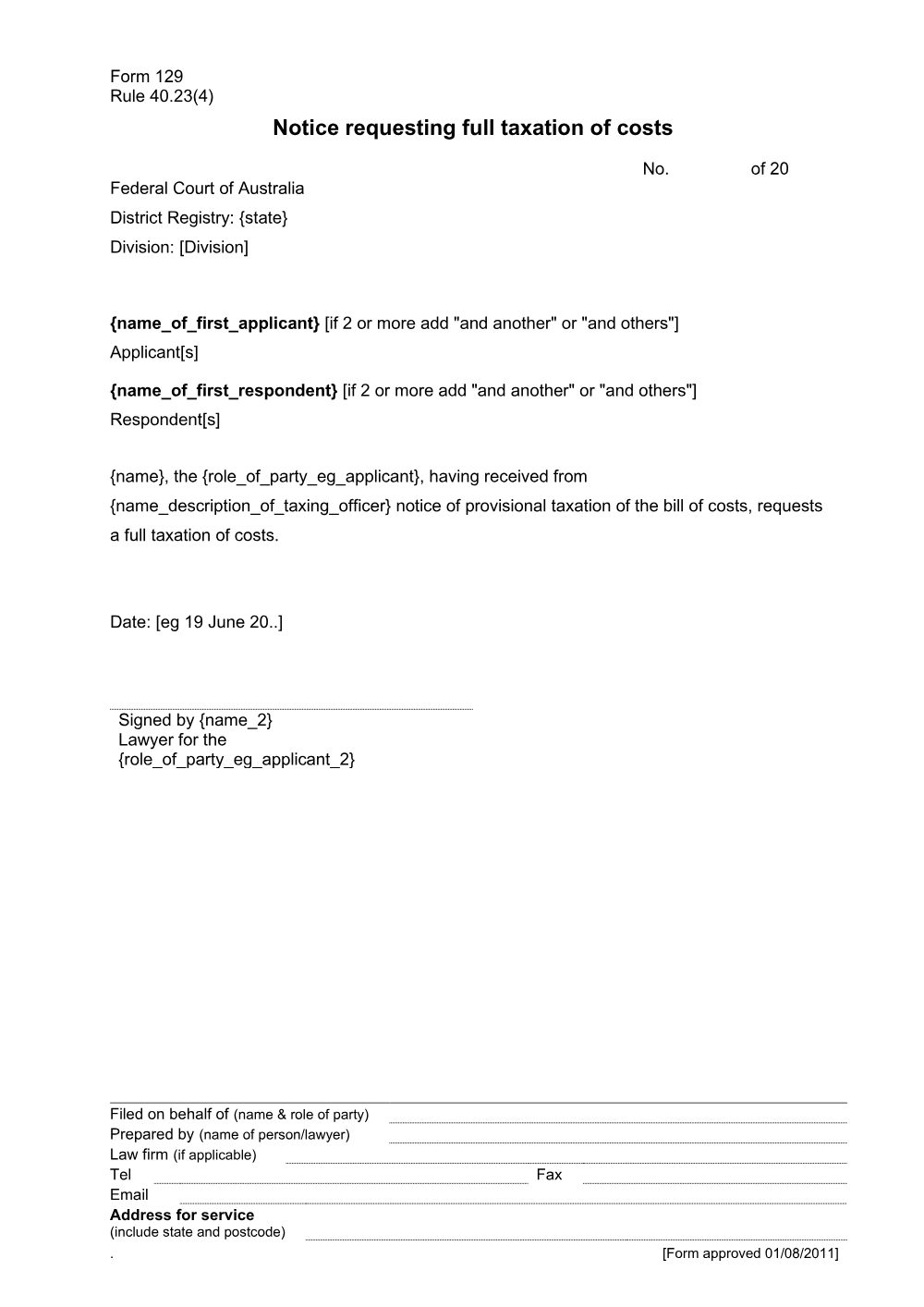 Preview of the first page of Notice requesting full taxation of costs (Rule 40.23(4)) (Form 129)
