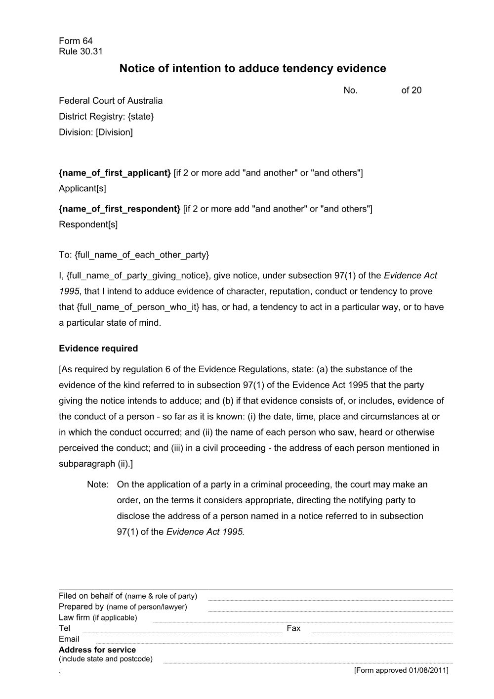 Preview of the first page of Notice of intention to adduce tendency evidence (Form 64)