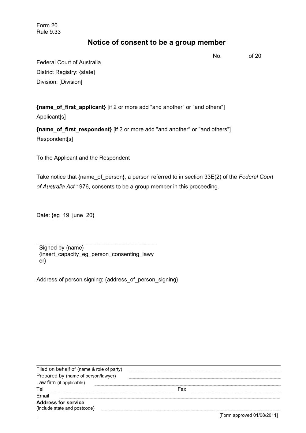 Preview of the first page of Notice of consent to be a group member (Form 20)