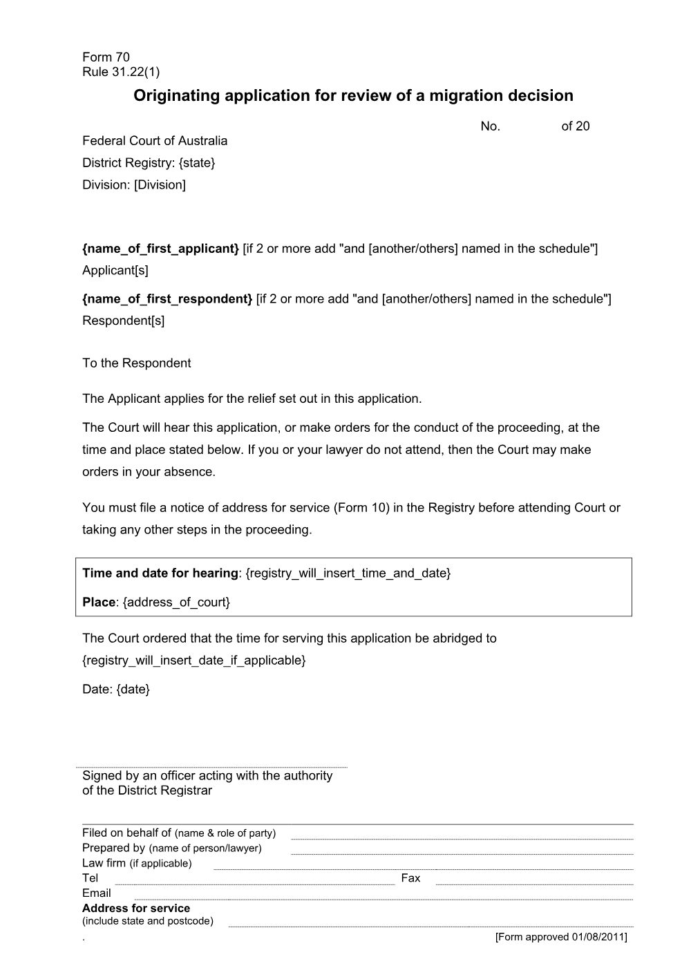 Preview of the first page of Originating application for review of a migration decision (Form 70)