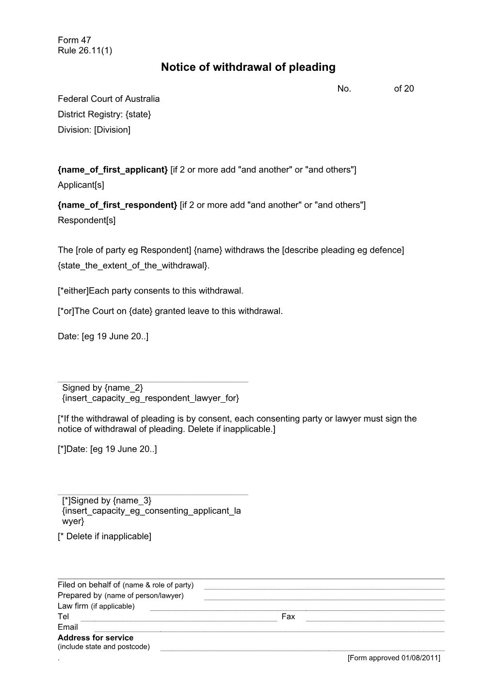 Preview of the first page of Notice of withdrawal of pleading (Form 47)