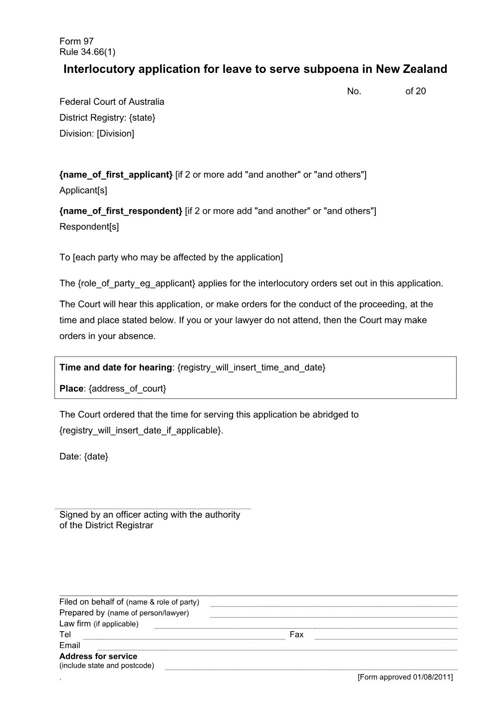 Preview of the first page of Interlocutory application for leave to serve subpoena in New Zealand (Form 97)