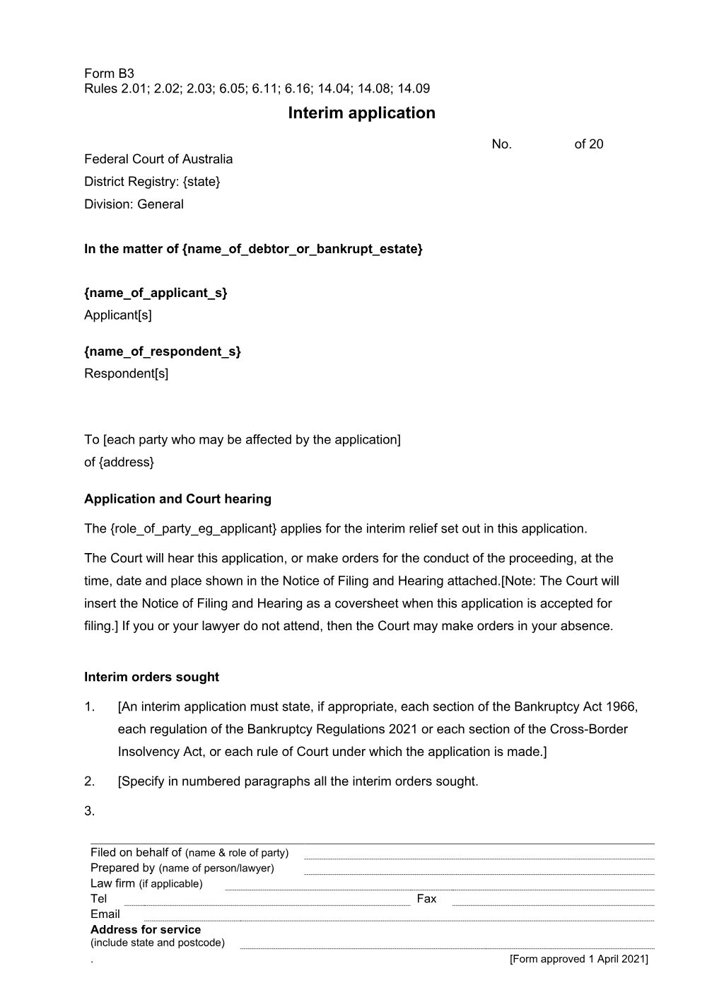 Preview of the first page of Interim application (Form B3)