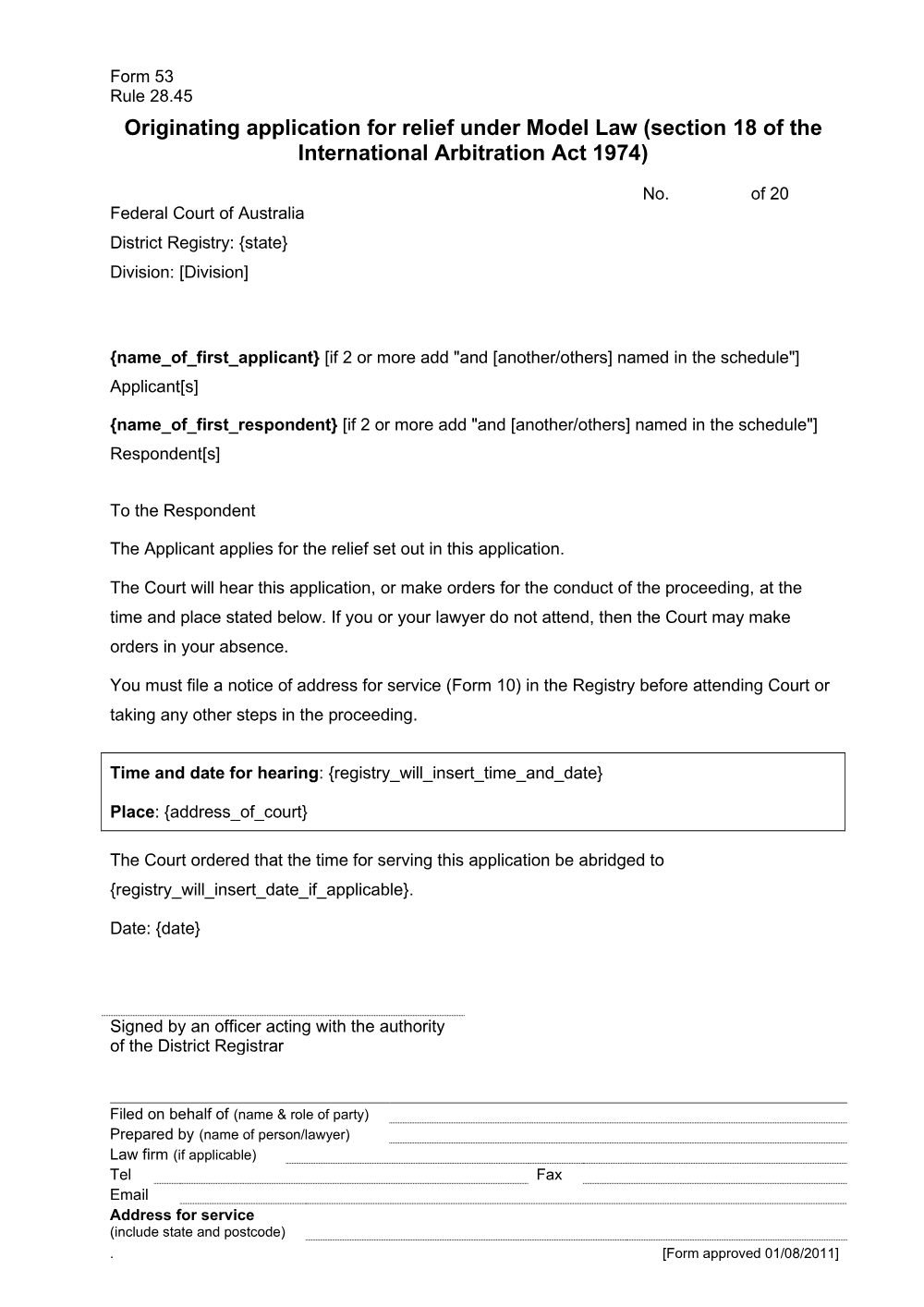 Preview of the first page of Originating application for relief under Model Law (section 18 of the International Arbitration Act 1974) (Form 53)