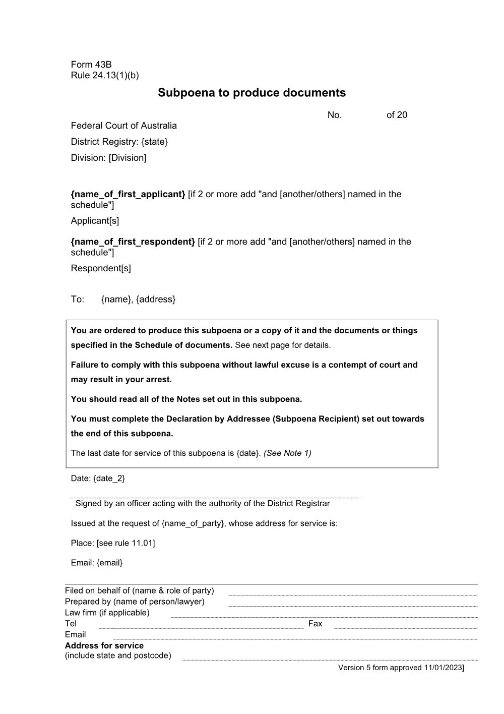 Preview of the first page of Subpoena to produce documents (Form 43B)
