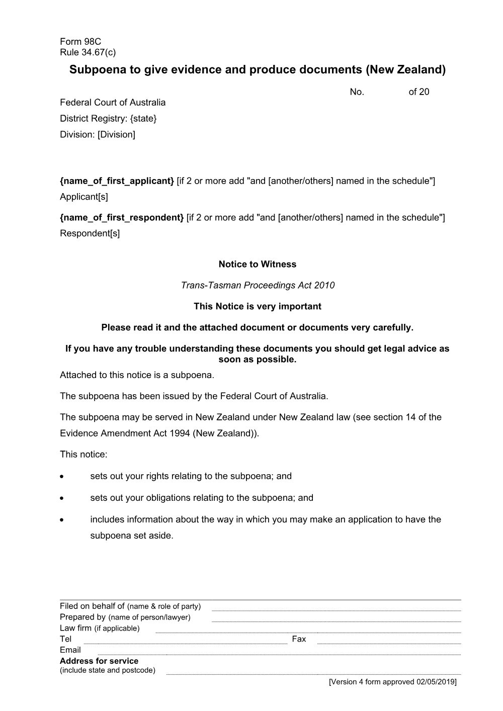 Preview of the first page of Subpoena to give evidence and produce documents (New Zealand) (Form 98C)