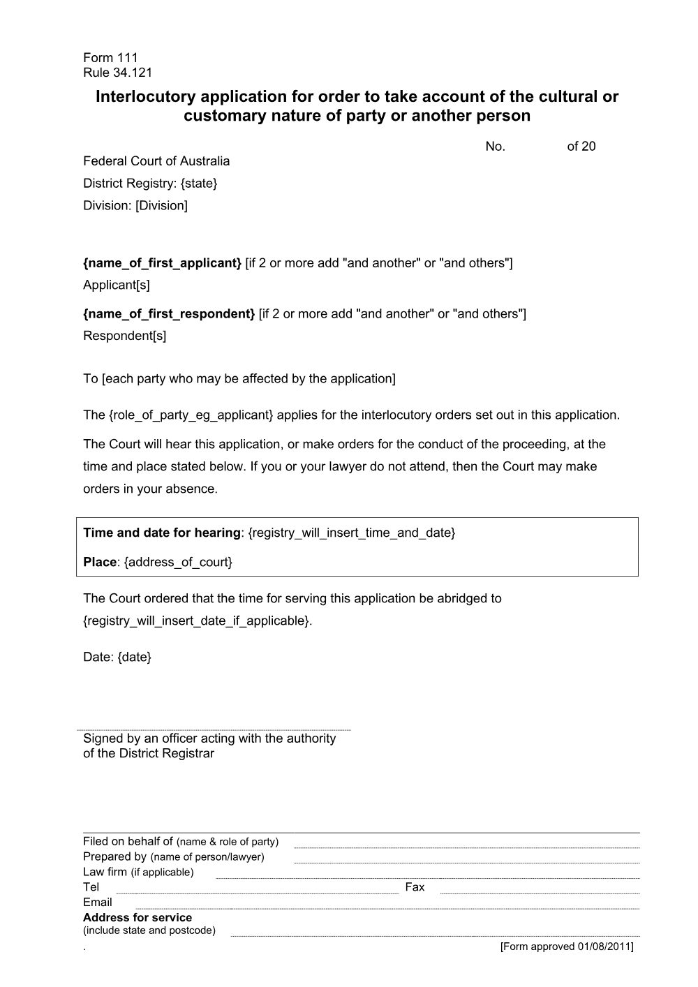 Preview of the first page of Interlocutory application for order to take account of the cultural or customary nature of party or another person (Form 111)