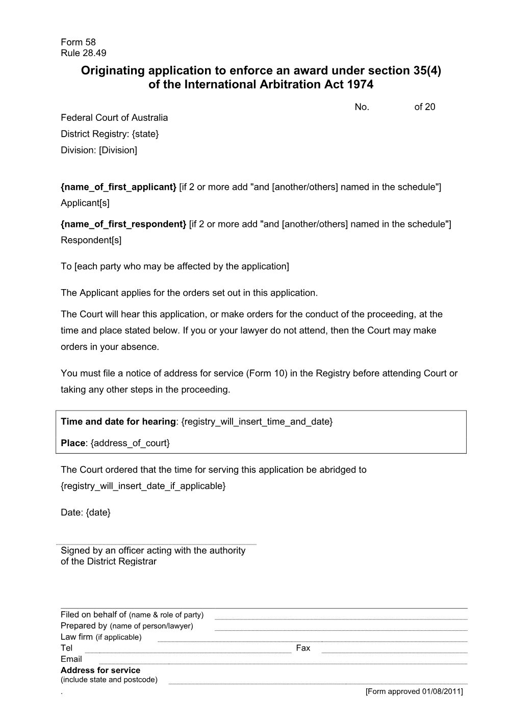 Preview of the first page of Originating application to enforce an award under section 35(4) of the International Arbitration Act 1974 (Form 58)
