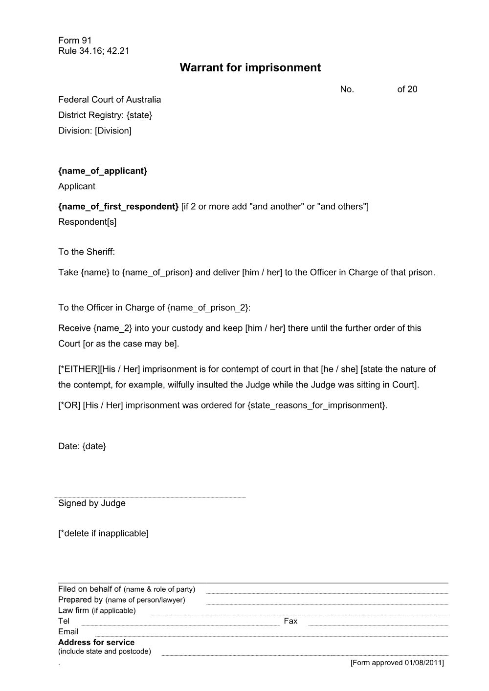 Preview of the first page of Warrant for imprisonment (Form 91)