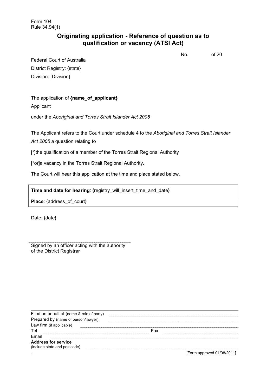 Preview of the first page of Originating application - Reference of question as to qualification or vacancy (ATSI Act) (Rule 34.94(1)) (Form 104)