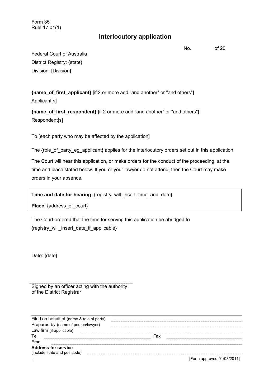 Preview of the first page of Interlocutory application (Rule 17.01(1)) (Form 35)