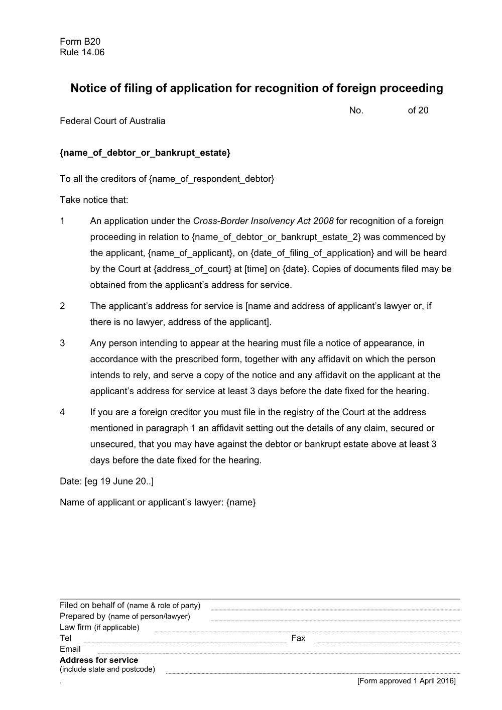 Preview of the first page of Notice of filing of application for recognition of foreign proceeding (Form B20)