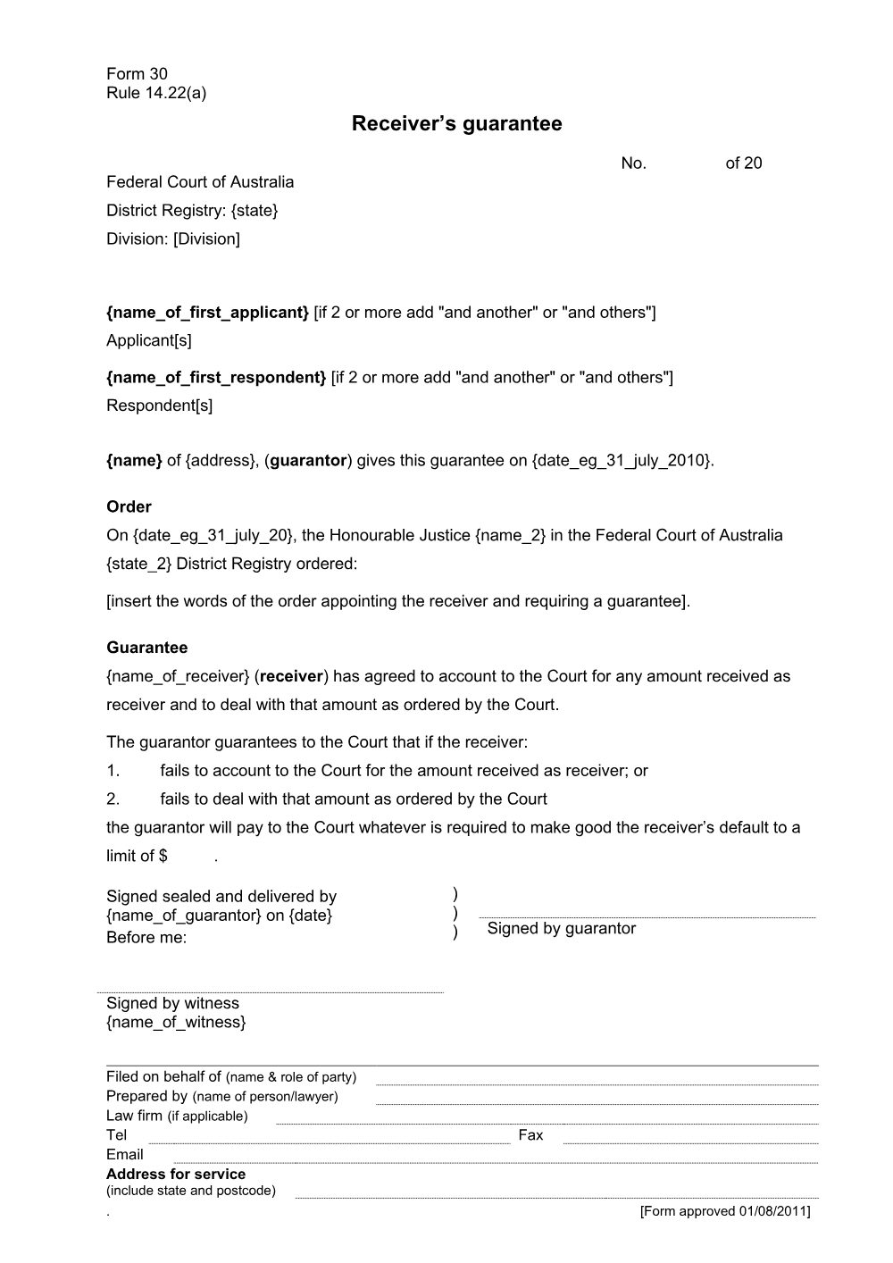 Preview of the first page of Receiver's guarantee (Rule 14.22(a)) (Form 30)