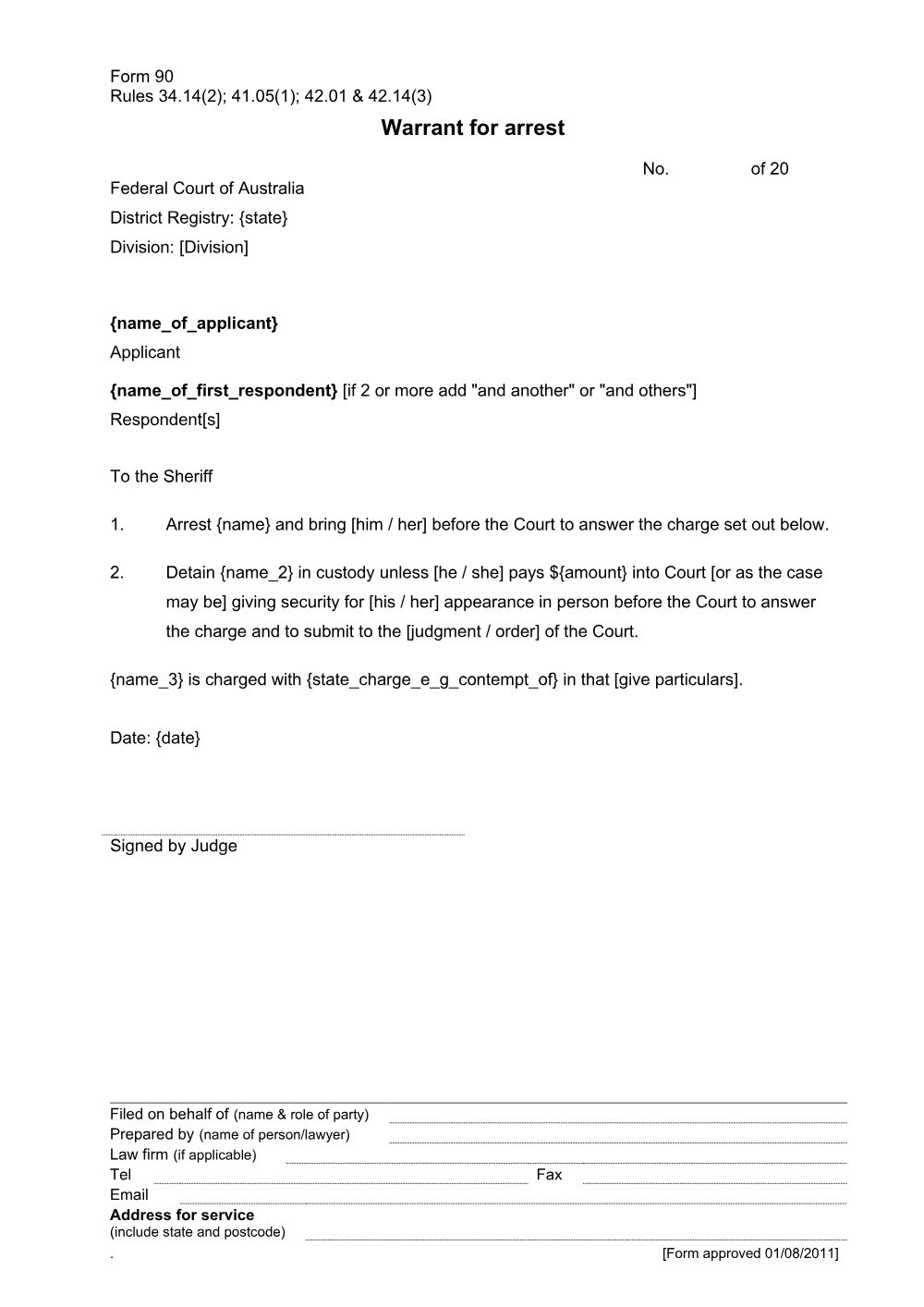 Preview of the first page of Warrant for arrest (Form 90)