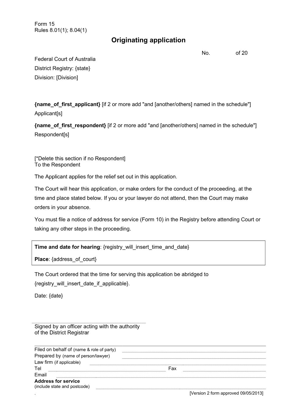 Preview of the first page of Originating application (Rule 8.01); 8.04(1) (Form 15)